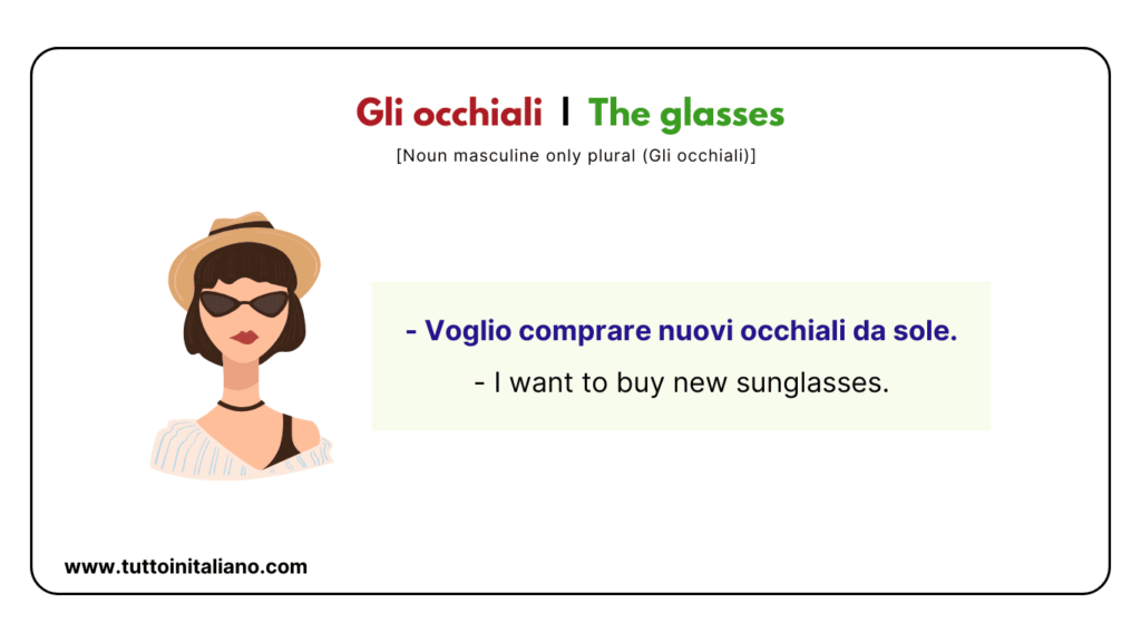 20+ English Italian words | Easy to learn words about accessories and jewelry with examples and audio. 14 Gli occhiali The glasses tuttoinitaliano