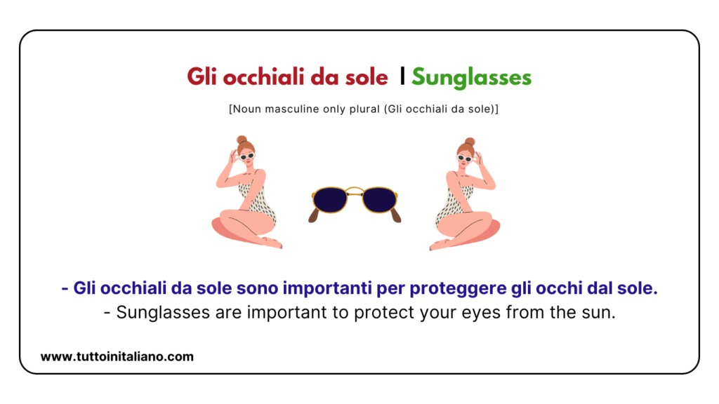20+ Italian Vocabulary | The beach in Italian | Easy learn Italian words for intermediate level. 30 Gli occhiali da sole Sunglasses tuttoinitaliano