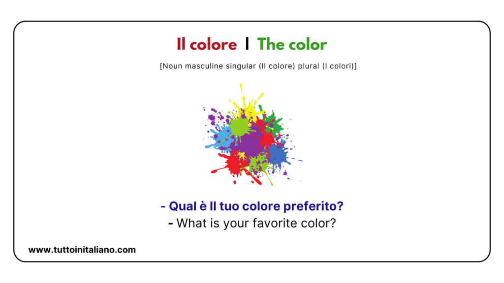 Italian A1 Vocabulary: Color names with easy examples for each word. 5 Italian a1 vocabulary