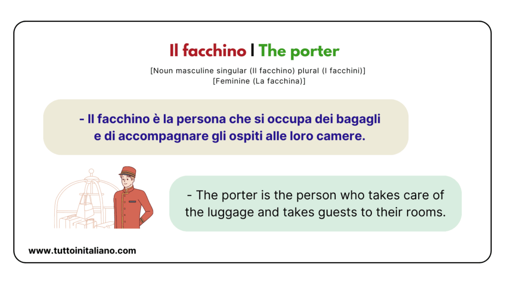 20+ Easy Italian vocab about the Hotel in Italian with Examples and Audio. 14 Il facchino The porter 1 tuttoinitaliano