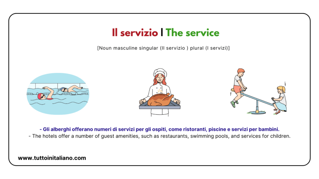 20+ Easy Italian vocab about the Hotel in Italian with Examples and Audio. 30 Il servizio The service 1 tuttoinitaliano