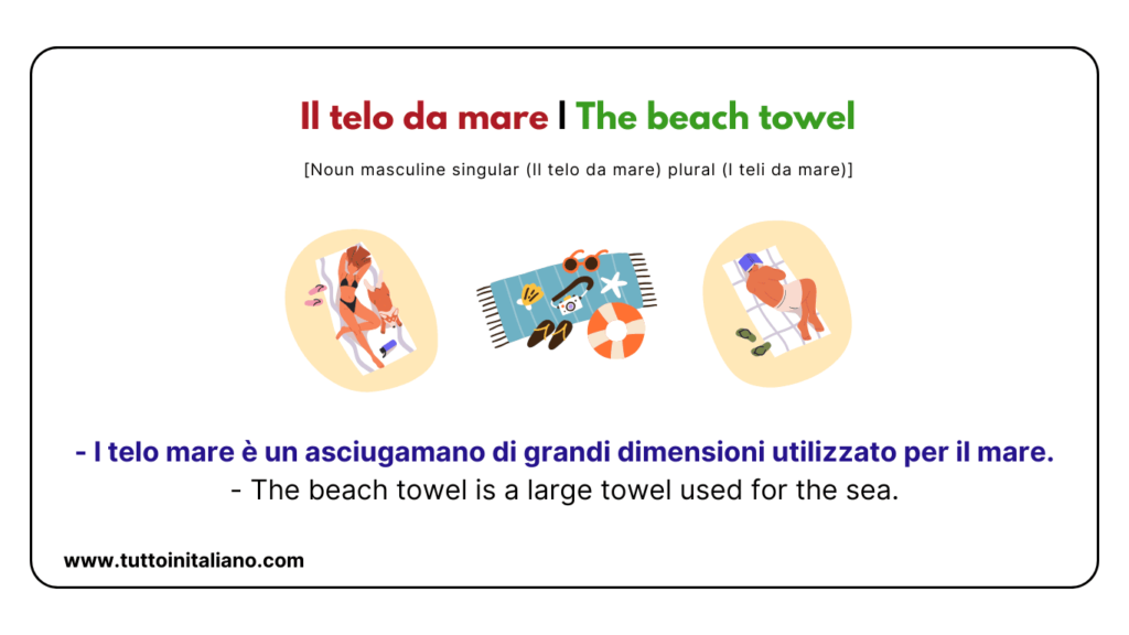 20+ Italian Vocabulary | The beach in Italian | Easy learn Italian words for intermediate level. 17 Il telo da mare The beach towel tuttoinitaliano