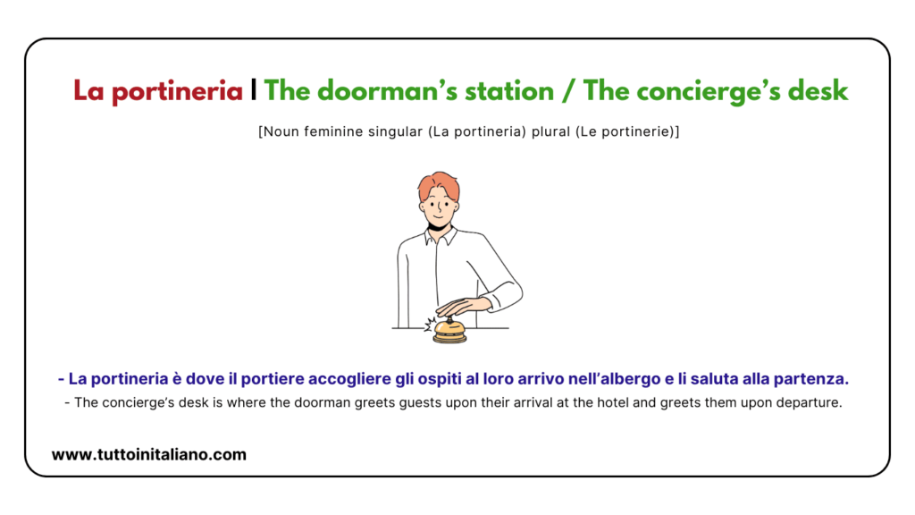 20+ Easy Italian vocab about the Hotel in Italian with Examples and Audio. 31 La portineria The doormans station The concierges desk tuttoinitaliano