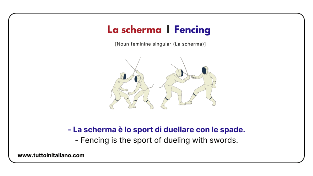 English Italian vocabulary: the sports (part 2) with easy examples for each word. 21 English Italian vocabulary