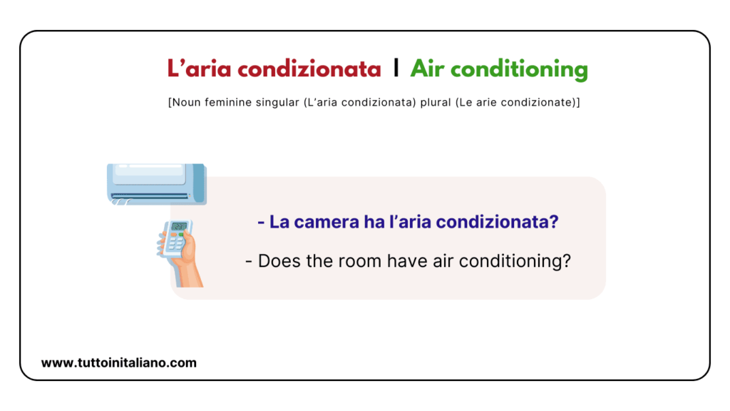 20+ Easy Italian vocab about the Hotel in Italian with Examples and Audio. 24 Laria condizionata Air conditioning tuttoinitaliano