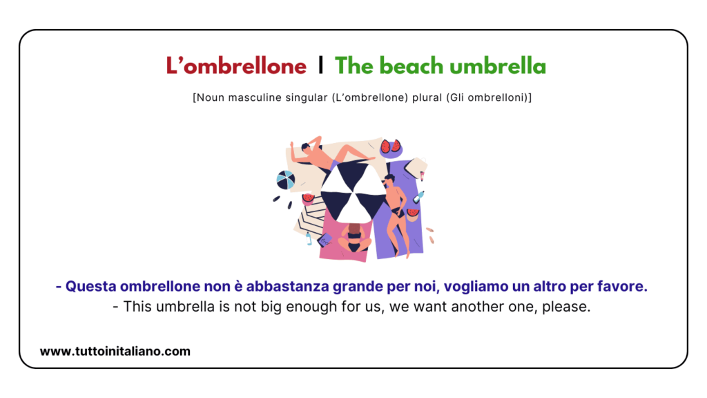 20+ Italian Vocabulary | The beach in Italian | Easy learn Italian words for intermediate level. 14 Lombrellone The beach umbrella tuttoinitaliano