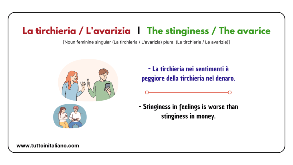 20+ Abstract nouns in Italian (Part 2) | Easy learn abstract nouns with examples 8 La tirchieria Lavarizia The stinginess The avarice tuttoinitaliano
